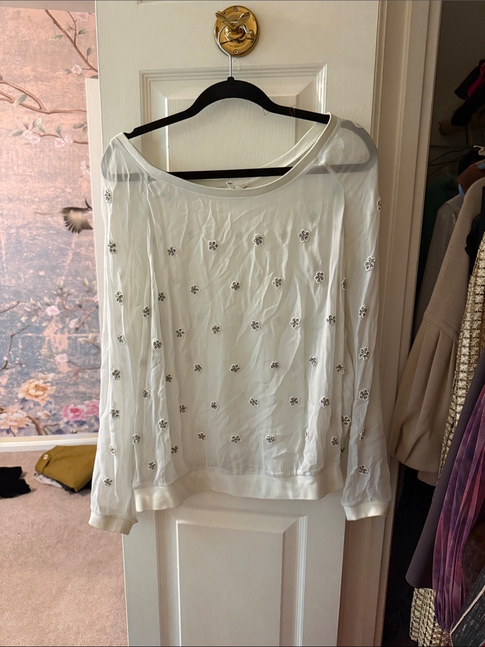Anthropologie White Sheer Embellished Long-Sleeve Top